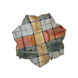 Vintage Old Castle Chikusa Japan Leaf Plate Hand Painted Luster Grid Art Deco